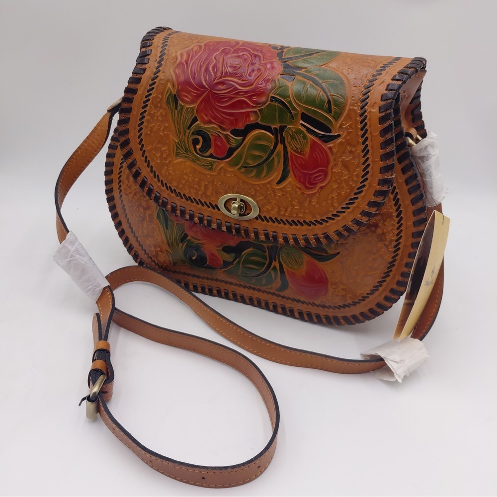 NWT Patricia Nash Tan Arezzo Leather Tooled Rose Crossbody Bag Whipstitch Purse